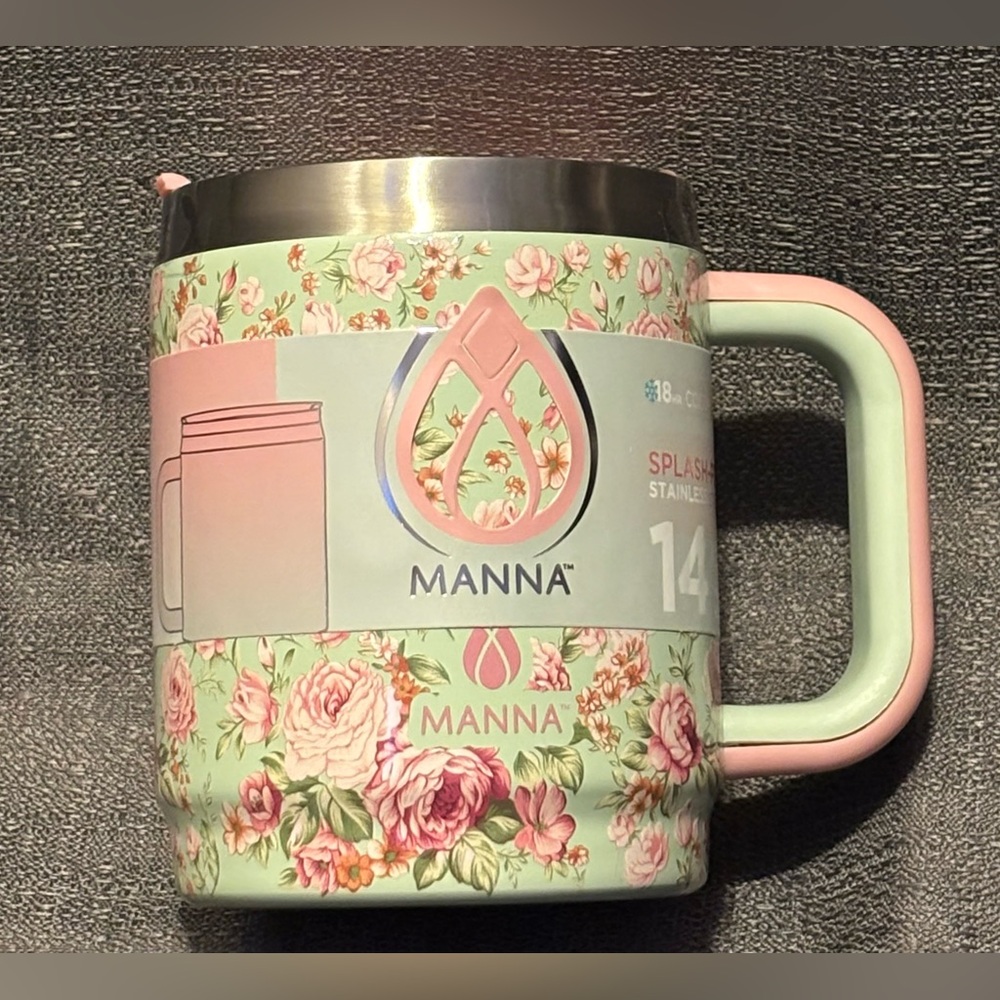 NWT Manna 14 oz BOULDER 3D Mint Floral Stainless Steel Insulated Mug